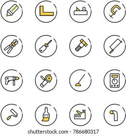 line vector icon set - highlight marker vector, corner ruler, jointer, clamp, bolt cutter, screwdriver, metal hacksaw, drill machine, Angular grinder, hoe, multimeter, paint roller, brush, stapler
