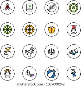 line vector icon set - holly vector, annual report, end speed limit road sign, target, butterfly, pyramid toy, kite, dinosaur, cube, horn, doll, constructor blocks, beach ball