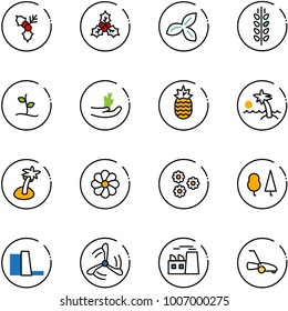 line vector icon set - holly vector, three leafs, spica, sproute, hand, pineapple, palm, flower, forest, water power plant, wind mill, lawn mower