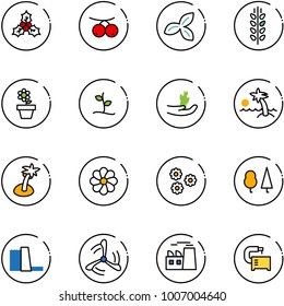line vector icon set - holly vector, rowanberry, three leafs, spica, flower pot, sproute, hand, palm, forest, water power plant, wind mill, machine tool