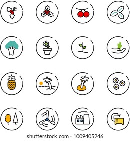 line vector icon set - holly vector, rowanberry, three leafs, broccoli, flower pot, sproute, hand, pineapple, palm, forest, wind mill, plant, machine tool