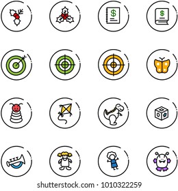 line vector icon set - holly vector, annual report, target, butterfly, pyramid toy, kite, dinosaur, cube, horn, doll, monster