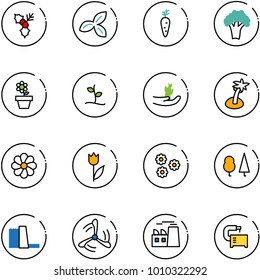 line vector icon set - holly vector, three leafs, carrot, broccoli, flower pot, sproute, hand, palm, tulip, forest, water power plant, wind mill, machine tool