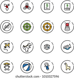 line vector icon set - holly vector, annual report, end speed limit road sign, target, pyramid toy, kite, dinosaur, cube, horn, doll, beach ball, giraffe
