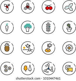 line vector icon set - holly vector, rowanberry, three leafs, carrot, broccoli, spica, flower pot, pineapple, palm, forest, wind mill, machine tool