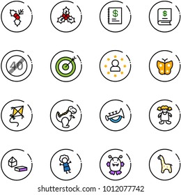 line vector icon set - holly vector, annual report, end speed limit road sign, target, star man, butterfly, kite, dinosaur toy, horn, doll, constructor blocks, monster, giraffe