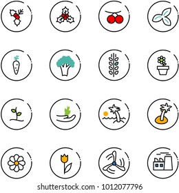 line vector icon set - holly vector, rowanberry, three leafs, carrot, broccoli, spica, flower pot, sproute, hand, palm, tulip, wind mill, plant