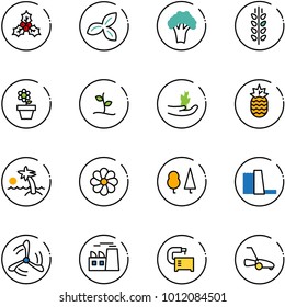 line vector icon set - holly vector, three leafs, broccoli, spica, flower pot, sproute, hand, pineapple, palm, forest, water power plant, wind mill, machine tool, lawn mower