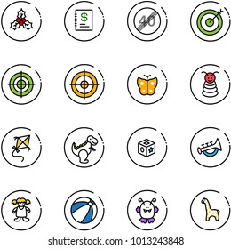 line vector icon set - holly vector, annual report, end speed limit road sign, target, butterfly, pyramid toy, kite, dinosaur, cube, horn, doll, beach ball, monster, giraffe