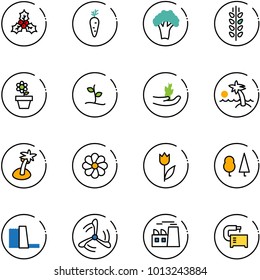 line vector icon set - holly vector, carrot, broccoli, spica, flower pot, sproute, hand, palm, tulip, forest, water power plant, wind mill, machine tool