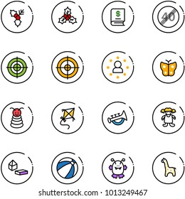 line vector icon set - holly vector, annual report, end speed limit road sign, target, star man, butterfly, pyramid toy, kite, horn, doll, constructor blocks, beach ball, monster, giraffe