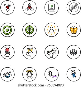 line vector icon set - holly vector, annual report, end speed limit road sign, target, star man, butterfly, pyramid toy, kite, dinosaur, cube, horn, doll, constructor blocks