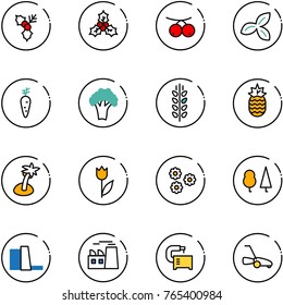 line vector icon set - holly vector, rowanberry, three leafs, carrot, broccoli, spica, pineapple, palm, tulip, flower, forest, water power plant, machine tool, lawn mower