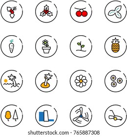line vector icon set - holly vector, rowanberry, three leafs, carrot, flower pot, sproute, pineapple, palm, forest, water power plant, wind mill, lawn mower