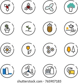 line vector icon set - holly vector, three leafs, broccoli, flower pot, sproute, pineapple, palm, tulip, forest, water power plant, wind mill, machine tool