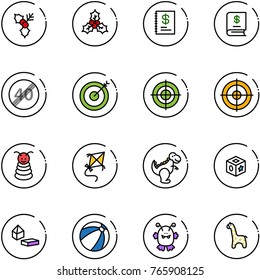 line vector icon set - holly vector, annual report, end speed limit road sign, target, pyramid toy, kite, dinosaur, cube, constructor blocks, beach ball, monster, giraffe