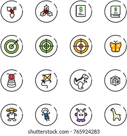 line vector icon set - holly vector, annual report, target, butterfly, pyramid toy, kite, dinosaur, cube, doll, monster, giraffe