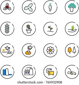line vector icon set - holly vector, three leafs, carrot, broccoli, spica, flower pot, sproute, hand, palm, forest, water power plant, machine tool, lawn mower