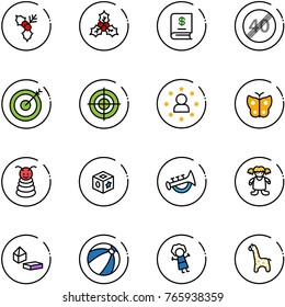 line vector icon set - holly vector, annual report, end speed limit road sign, target, star man, butterfly, pyramid toy, cube, horn, doll, constructor blocks, beach ball, giraffe