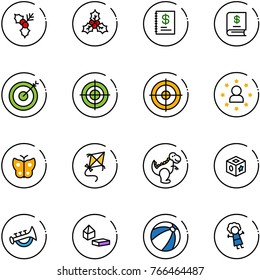 line vector icon set - holly vector, annual report, target, star man, butterfly, kite, dinosaur toy, cube, horn, constructor blocks, beach ball, doll