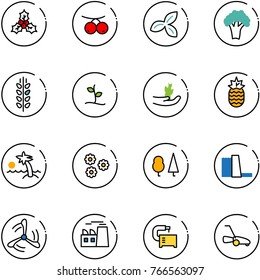 line vector icon set - holly vector, rowanberry, three leafs, broccoli, spica, sproute, hand, pineapple, palm, flower, forest, water power plant, wind mill, machine tool, lawn mower