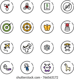 line vector icon set - holly vector, annual report, end speed limit road sign, target, butterfly, pyramid toy, kite, dinosaur, cube, doll, constructor blocks, monster, giraffe