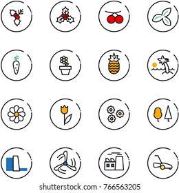 line vector icon set - holly vector, rowanberry, three leafs, carrot, flower pot, pineapple, palm, tulip, forest, water power plant, wind mill, lawn mower