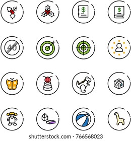 line vector icon set - holly vector, annual report, end speed limit road sign, target, star man, butterfly, pyramid toy, dinosaur, cube, doll, constructor blocks, beach ball, giraffe