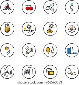 line vector icon set - holly vector, rowanberry, three leafs, carrot, pineapple, palm, flower, tulip, forest, water power plant, wind mill, machine tool, lawn mower