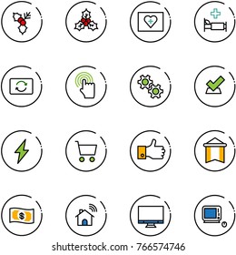 line vector icon set - holly vector, first aid kit, hospital bed, card exchange, hand cursor, gear, check, lightning, cart, finger up, pennant, money, wireless home, monitor, monoblock pc