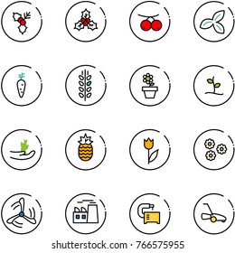 line vector icon set - holly vector, rowanberry, three leafs, carrot, spica, flower pot, sproute, hand, pineapple, tulip, wind mill, plant, machine tool, lawn mower