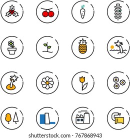 line vector icon set - holly vector, rowanberry, carrot, spica, flower pot, sproute, pineapple, palm, tulip, forest, water power plant, machine tool