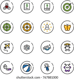 line vector icon set - holly vector, annual report, target, star man, butterfly, kite, cube toy, horn, doll, constructor blocks, beach ball, monster