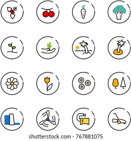 line vector icon set - holly vector, rowanberry, carrot, broccoli, sproute, hand, palm, flower, tulip, forest, water power plant, wind mill, machine tool, lawn mower
