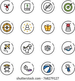 line vector icon set - holly vector, annual report, end speed limit road sign, target, star man, butterfly, pyramid toy, kite, dinosaur, cube, horn, doll, constructor blocks, beach ball