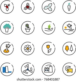 line vector icon set - holly vector, three leafs, carrot, broccoli, flower pot, hand sproute, palm, tulip, forest, water power plant, wind mill, machine tool