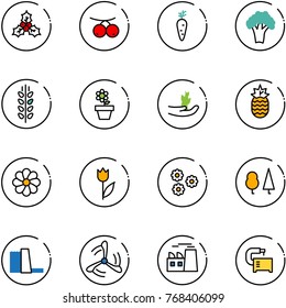 line vector icon set - holly vector, rowanberry, carrot, broccoli, spica, flower pot, hand sproute, pineapple, tulip, forest, water power plant, wind mill, machine tool