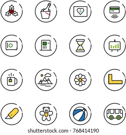 line vector icon set - holly vector, champagne, first aid kit, tap pay, safe, atm, sand clock, presentation chart, green tea, mountains, flower, corner ruler, work knife, bear toy, beach ball, bus
