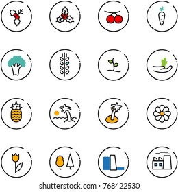 line vector icon set - holly vector, rowanberry, carrot, broccoli, spica, sproute, hand, pineapple, palm, flower, tulip, forest, water power plant