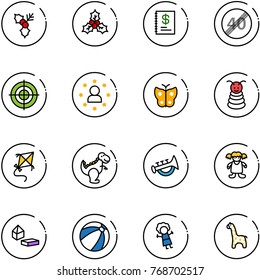 line vector icon set - holly vector, annual report, end speed limit road sign, target, star man, butterfly, pyramid toy, kite, dinosaur, horn, doll, constructor blocks, beach ball, giraffe