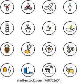line vector icon set - holly vector, three leafs, carrot, spica, flower pot, sproute, hand, pineapple, palm, forest, water power plant, machine tool