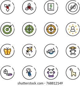 line vector icon set - holly vector, annual report, end speed limit road sign, target, star man, butterfly, kite, horn toy, doll, constructor blocks, monster, giraffe