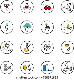 line vector icon set - holly vector, rowanberry, three leafs, carrot, broccoli, flower pot, hand sproute, palm, tulip, forest, water power plant, wind mill
