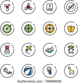 line vector icon set - holly vector, annual report, end speed limit road sign, target, butterfly, pyramid toy, kite, horn, doll, constructor blocks, beach ball, giraffe