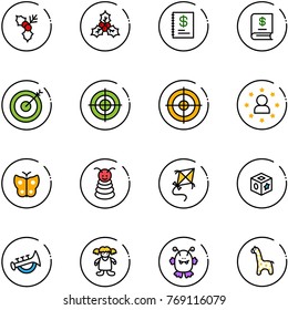 line vector icon set - holly vector, annual report, target, star man, butterfly, pyramid toy, kite, cube, horn, doll, monster, giraffe