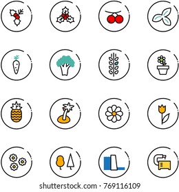 line vector icon set - holly vector, rowanberry, three leafs, carrot, broccoli, spica, flower pot, pineapple, palm, tulip, forest, water power plant, machine tool