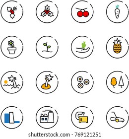 line vector icon set - holly vector, rowanberry, carrot, flower pot, sproute, hand, pineapple, palm, forest, water power plant, machine tool, lawn mower