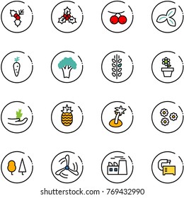 line vector icon set - holly vector, rowanberry, three leafs, carrot, broccoli, spica, flower pot, hand sproute, pineapple, palm, forest, wind mill, plant, machine tool