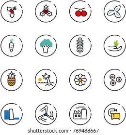 line vector icon set - holly vector, rowanberry, three leafs, carrot, broccoli, spica, hand sproute, pineapple, palm, flower, water power plant, wind mill, machine tool