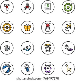 line vector icon set - holly vector, annual report, target, butterfly, pyramid toy, kite, cube, horn, doll, constructor blocks, beach ball, monster, giraffe